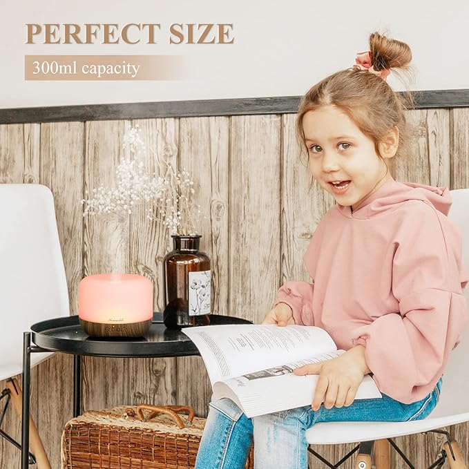 Aromatherapy Essential Oil Diffuser for Room: Air Humidifier Aroma Scent Cool Mist Diffuser Colorful Lights Wood Cute Small Large Waterless Auto Off Ultrasonic Diffusers for Home Bedroom (300ml)