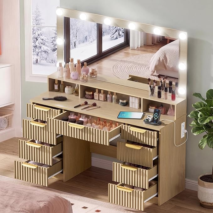 Fluted Vanity Desk with Large Lighted Mirror, Makeup Vanity Desk with Power Outlet, 9 Drawers & Storage Shelf, Women Girls Vanity Dressing Table for Bedroom, Oak