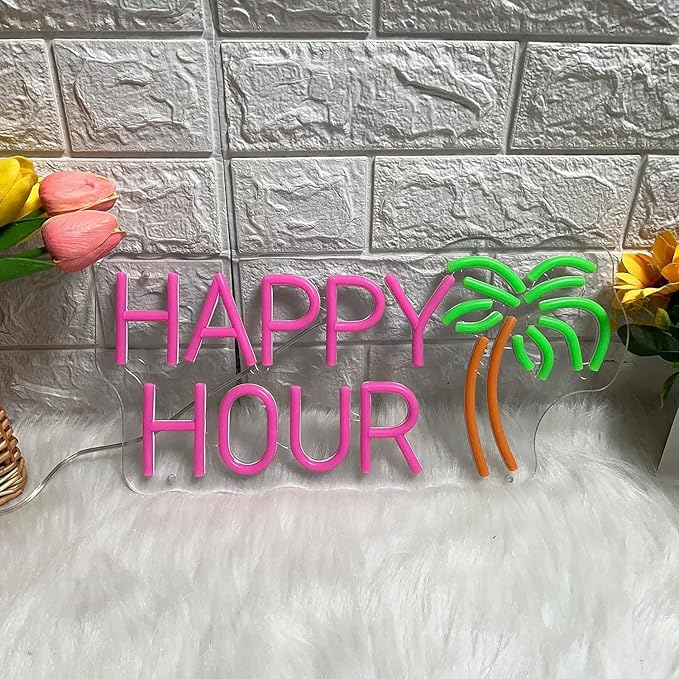 Happy Hour Neon Signs Coconut Palm Tree Pink Neon Bar Light Sign for Wall Decor Home Bar Club Coffee Pub Hotel Decor USB Operated Led Sign Game Room Bedroom Home Decor Birthday Wedding Sign