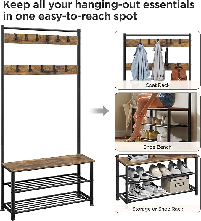 Yaheetech 3-in-1 Hall Tree, Coat Rack Shoe Bench with 11 Removable Hooks and Storage Metal Shelves, Industrial Entryway Storage Bench, Easy Assembly, 33.5× 13.5× 73 Inches, Rustic Brown