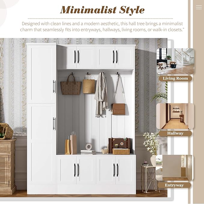 79'' Tall Modern Hall Tree with Shoe Storage and 4 Coat Hooks, 4-in-1 Entryway Bench with 6 Cabinets and Adjustable Shelf for Hallway, Living Room (White/33f)