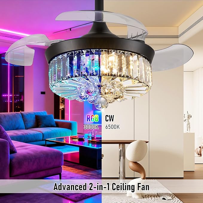 30" RGB Fandelier Ceiling Fan with Light, Retractable Crystal Chandelier Fan LED Dimmable Ceiling Fan and Remote APP Control for Living Room Dining Room Bedroom Black