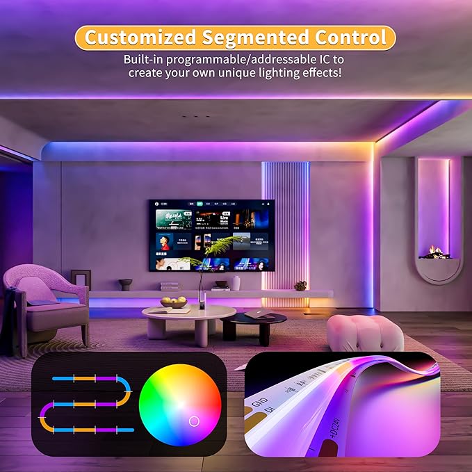 PAUTIX Dotless LED Lights,RGB Smart IC COB LED Strip Lights Addressable 16.4ft,UL-Listed 24V Chasing Effects Color Changing Flexible Tape Light for Party Kitchen Bedroom(Without Controller&Adapter)