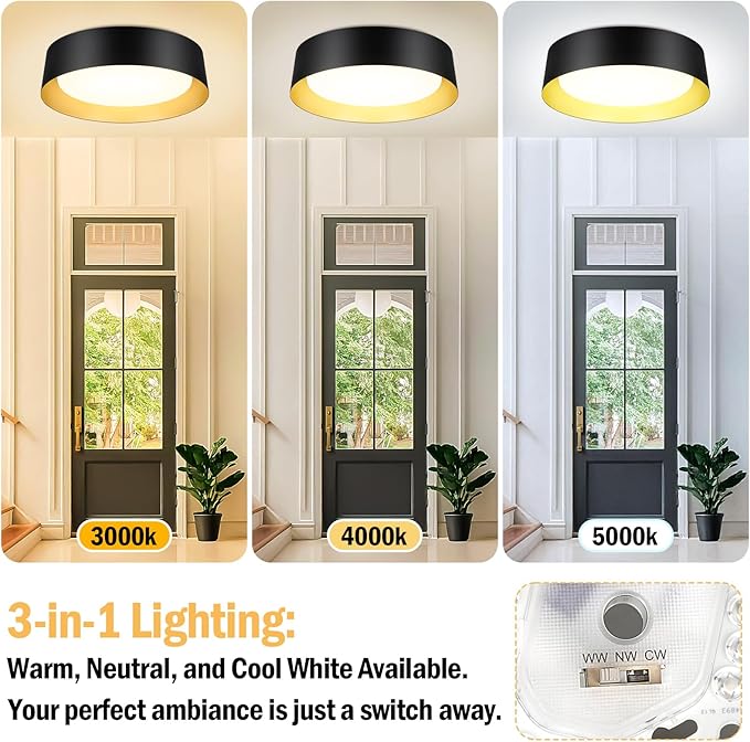 BrightHome 16in Flush Mount LED Ceiling Light, 30W(300W Equiv) 3000LM, 3 Colors 3000K 4000K 5000K, Dimmable Black and Gold Modern Flush Mount Light for Bedroom, Bathroom, Hallway, Kitchen