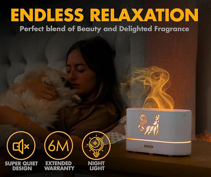 Colorful Aroma Essential Oil Diffuser for Home, Quiet Cool Mist Flame Humidifier for Bedroom with Remote, Fire Flame Diffuser Humidifier with Scent (White)