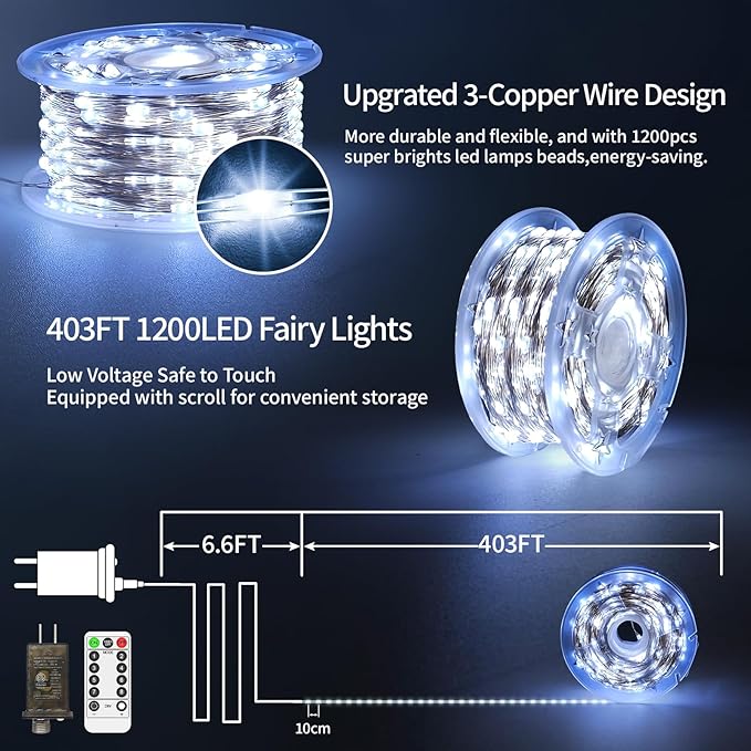 JXLEDAYY 403 FT 1200 LED Christmas Fairy Lights Plug in String Lights Outdoor Decorations Waterproof with Timer 8 Modes Memory for Holiday Wedding Party Garden-Cool White