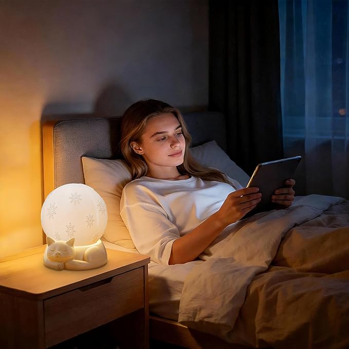 Bedside Table Lamp for Bedroom - Touch Control Rotating Cat Lamp with 3 Color Temperature, Rechargeable Battery Operated Cordless Lamp for Nightstand, Nursery, Kids Room