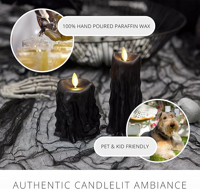 Luminara Heavy Wax Drip Flameless LED Candle, Black 3.4" x 4.5", Timer Function, Real Wax Pillar, Battery Operated Unscented Safe, Long-Lasting