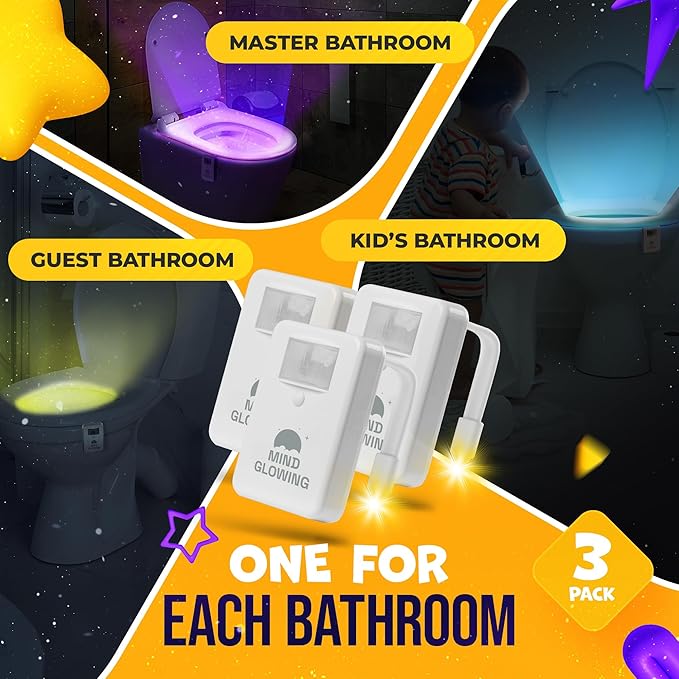 Mind-Glowing Toilet Light with Motion Sensor - Toilet Bowl Night Light with Color Changing LED, Dimmer - Funny Gag Gift for Men, Women, Dad, Mom - Kids Bathroom Accessories for Potty Training (3 Pack)