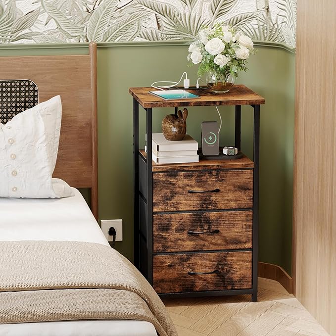 Fixwal Night Stand with 3 Fabric Drawers, Nightstand for Bedroom, Bedside Table with Charging Station End Table with Storage, Rustic Brown (Pack of 2)