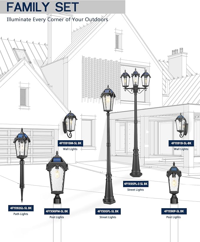 FEMILA 3-Light Solar Outdoor Pole Lights, 85.4" Aluminum Glass Lamp Posts Outdoor Lighting, Dusk to Dawn Solar Street Light with Remote Control for Yard Garden Driveway, 4FYX95PL-3 SL BK