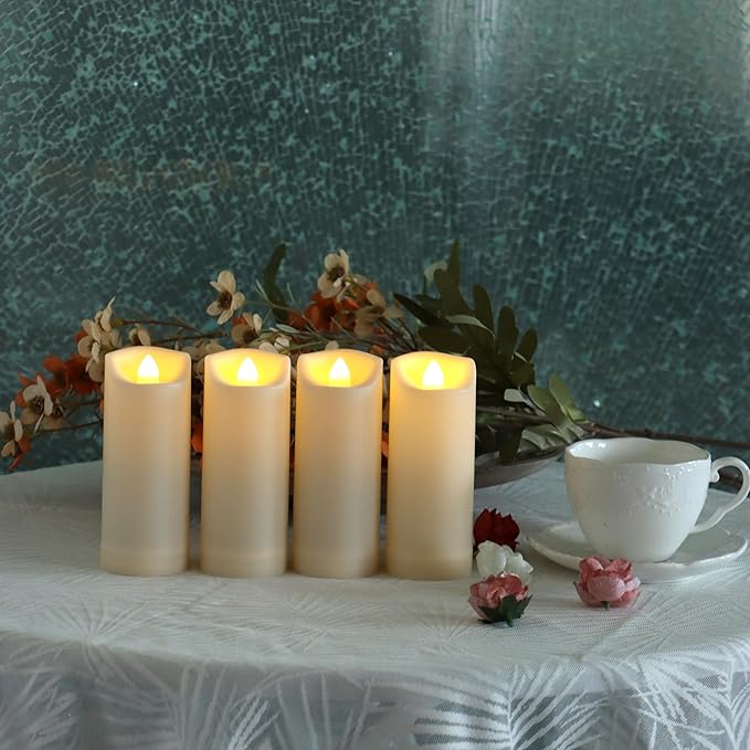 iZAN 4 Pack Flameless Battery Operated LED Pillar Candles with Remote Outdoor Waterproof Flickering Decorative Lights for Halloween Christmas Home Kitchen Décor Wedding Party Event Decorations 2”x5”