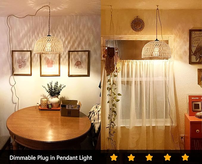 Plug in Pendant Light Rattan Hanging Lights with Plug in Cord Wicker Hanging Lamp with Woven Bamboo Basket Lamp Shade,Dimmable Switch,Boho Ceiling Light Fixtures for Kitchen,Farmhouse,Bedroom