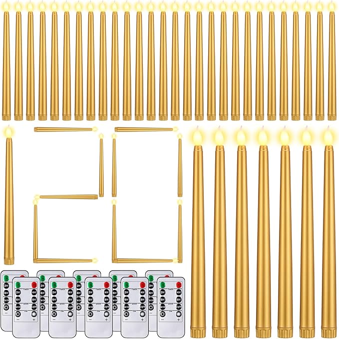 Baquler 120 Pcs Flameless Taper Candles with Remote and Timer 11" Battery Operated Candlesticks LED Flickering Faux Candles Warm Light for Wedding Holiday Party Home Decor (Gold)
