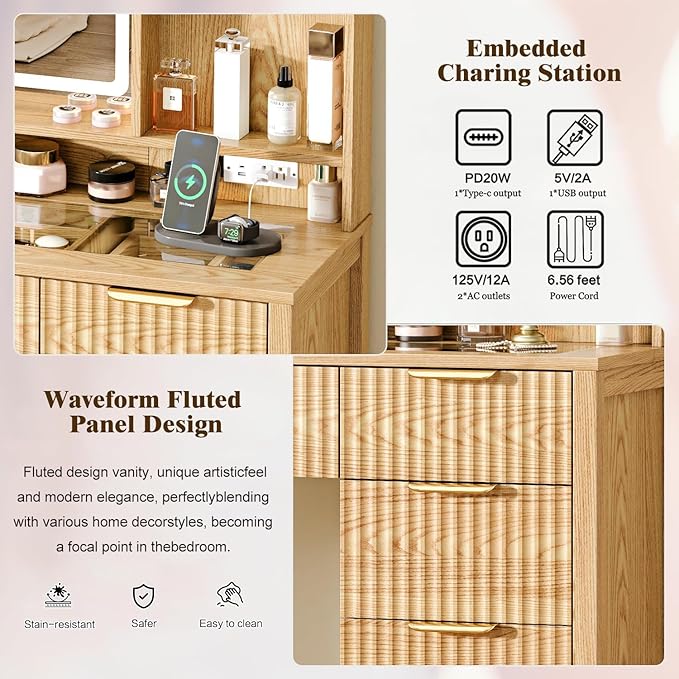 Makeup Vanity Desk with Mirror and Lights, 43.3'' Glass Tabletop Vanity Table with 5 Drawers & Shelves,Big Vanity Set for Bedroom, Oak