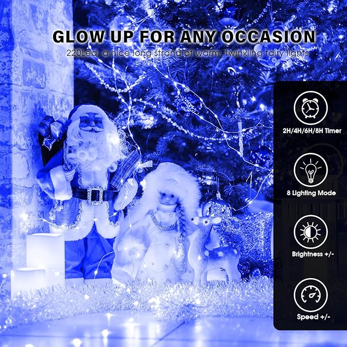 Fairy Lights 66ft 200 LED USB Twinkle String Lights Plug in Silver Wire Lights with Remote and Timer 8 Modes Outdoor Waterproof Starry Lights DIY Party Wedding Christmas Decoration（Blue）