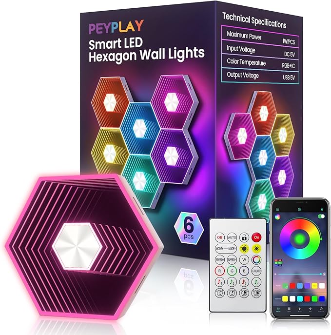 Hexagon Quantum Lights – Modular DIY Wall Panels, RGB+IC 16M Colors with Music Sync, APP & Remote Control, Immersive Lighting for Gaming Rooms, Home Decor, Parties and Gifts