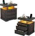 HNEBC Set of 2 Smart Farmhouse Nightstands with Gun Safe Drawers, 3-Color Auto LED Lights, Built-in Charging Station & Hidden Compartment, Bedroom Bedside Tables Rustic Brown