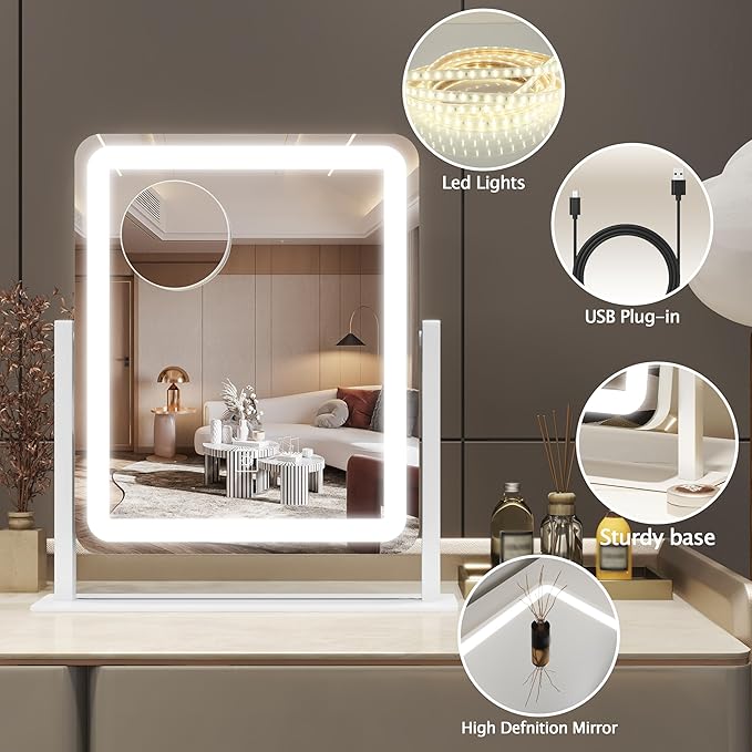 HNV Vanity Mirror with Lights – 15"x13" Large Makeup Mirror with Light, 3-Color Dimmable LED, Touch Screen, 360° Rotation, Tabletop Vanity Mirror for Bedroom or Desk (White)