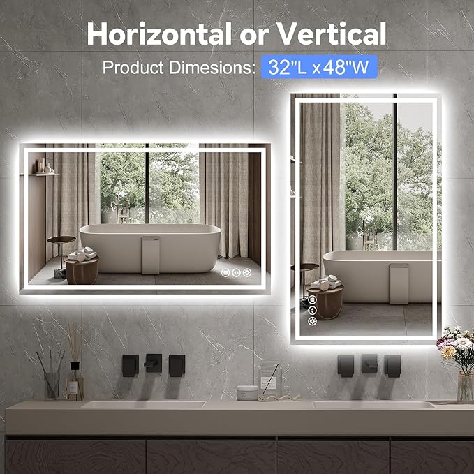 LED Bathroom Mirror 32x48 Inch Anti-Fog Bathroom Mirror with Lights, Wall Mounted Lighted Vanity Mirrors, Dimmable, Backlit + Front Lit, Smart Bathroom Vanity Mirror with 3 Colors Temperature