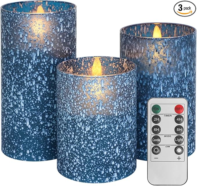 Blue Flameless Candles with Remote, Real Wax Glass Battery Operated Candles with Timer, LED Pillar Candle for Bedroom Home Wedding Birthday Party Fall Halloween Christmas Decorations, Set of 3