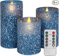 Blue Flameless Candles with Remote, Real Wax Glass Battery Operated Candles with Timer, LED Pillar Candle for Bedroom Home Wedding Birthday Party Fall Halloween Christmas Decorations, Set of 3