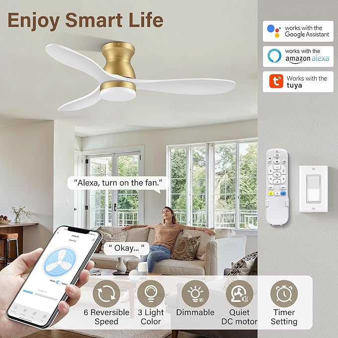 42" Wood Smart Ceiling Fans with Lights and Remote,Control with Alexa WIFI APP,White and Gold Flush Mount Ceiling Fan,Dimmable,6 speed,Quiet Motor,Outdoor Indoor Low Profile Fan for Bedroom,Patio