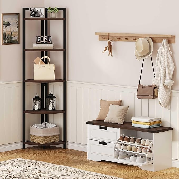 FATORRI Shoe Storage Bench with Flip Drawer, Wooden Entryway Bench, Modern Shoe Cabinet with Removable Drawers for Hallway, Living Room (Walnut Brown & White Oak)