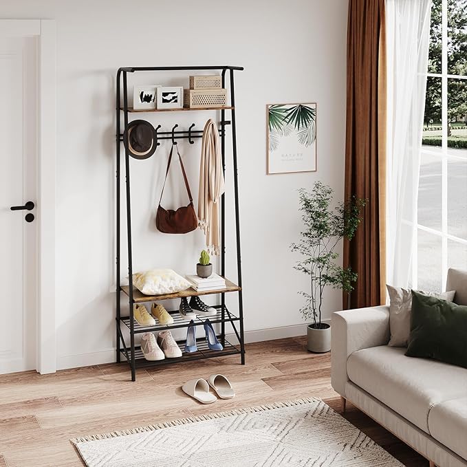4-In-1 Hall Tree Entryway Organizer with 5 Hooks and Shoe Storage Bench, Sturdy Metal Frame, Wood Look Accent for Coat, Hat, and Bag Organization in Entryway, Living Room, or Bedroom