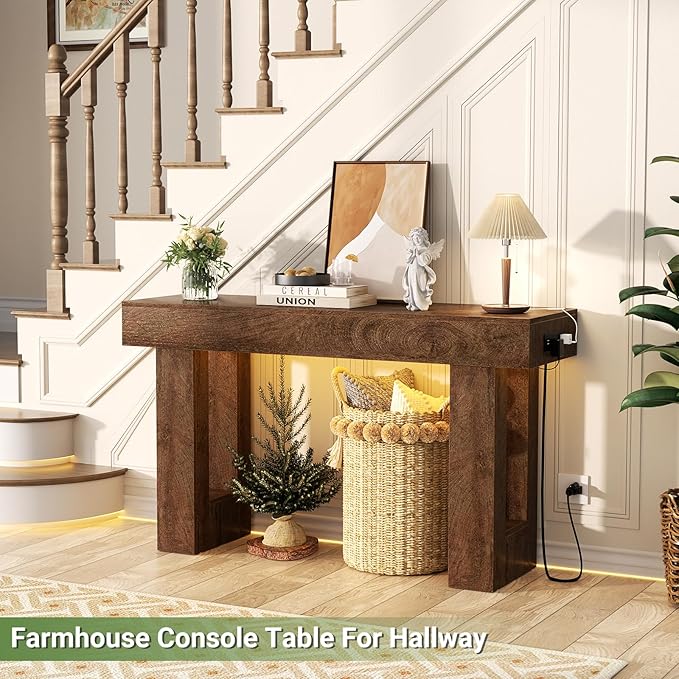 Unikito 47" Entryway Table with Socket and Sensor Light, Narrow Console Table with Storage Behind Couch, Farmhouse Entry Way Tables with Open Storage for Entrance/Hallway/Living Room Rustic Oak