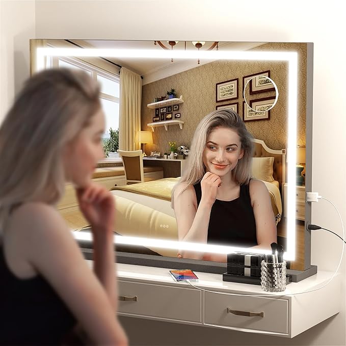 Hasipu Vanity Mirror with Lights, 32" x 24" LED Makeup Mirror, Lighted Makeup Mirror with Dimmable 3 Modes, Touch Screen Control Vanity Mirror Square Black