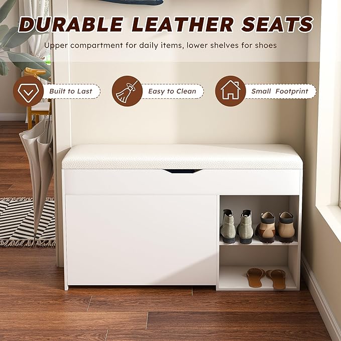 Entryway Bench with Shoe Storage,Adjustable 3-Tier Flip-Up Drawers & Hidden Cabinet,Space-Saving Shoe Organizer,Triple Storage and Modern Design for Hallway and Living Room