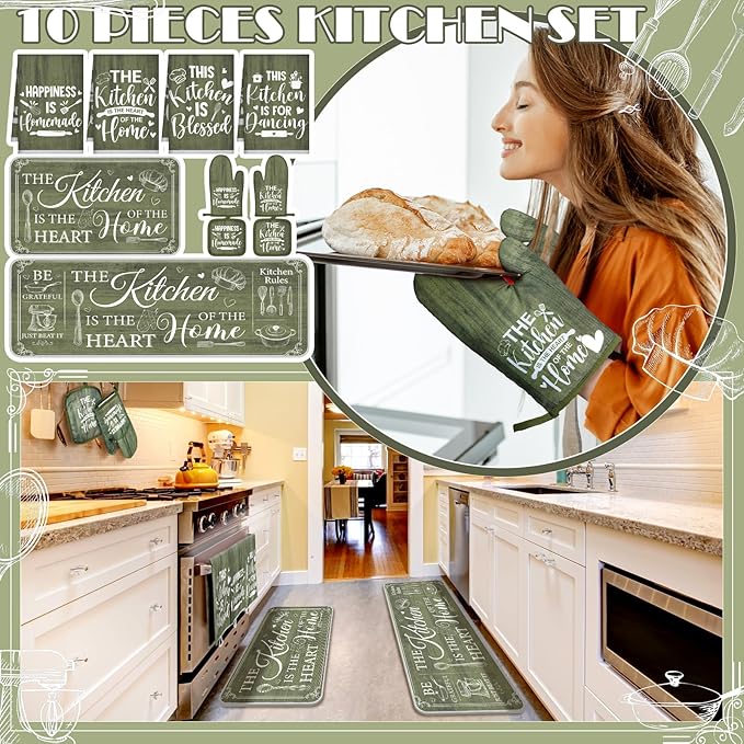 10 Pcs Farmhouse Kitchen Decor and Accessories Set 4 Kitchen Towels 2 Pot Holders 2 Oven Mitts 2 Rugs for Cooking Baking Mom Housewarming Gifts(Sage Green,Classic Style)