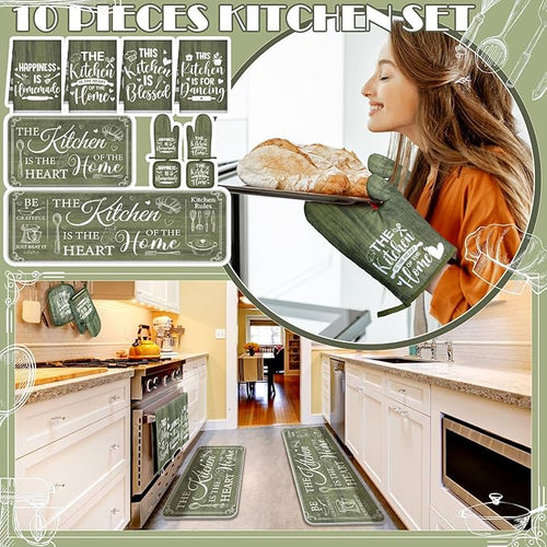 10 Pcs Farmhouse Kitchen Decor and Accessories Set 4 Kitchen Towels 2 Pot Holders 2 Oven Mitts 2 Rugs for Cooking Baking Mom Housewarming Gifts(Sage Green,Classic Style)
