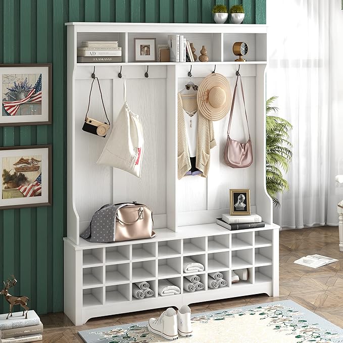RUNNA Stylish Versatile 60" Wide Coat Rack with Metal Black Hooks and 24 Shoe Cubbies,Hall Tree with 3 Top Shelves and Bench,for Hallway Entryway Mudroom Use (White@e)