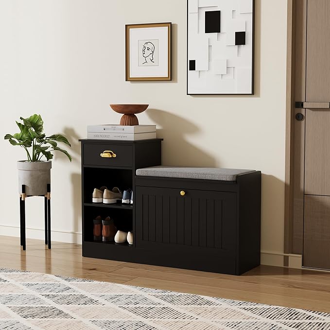 Shoe Storage Bench, Modern Wooden Shoe Cabinet with Flip Drawer and Adjustable Shelf, Entry Way Bench with Padded Seat Cushion for Entryway, Hallway, Living Room,Black
