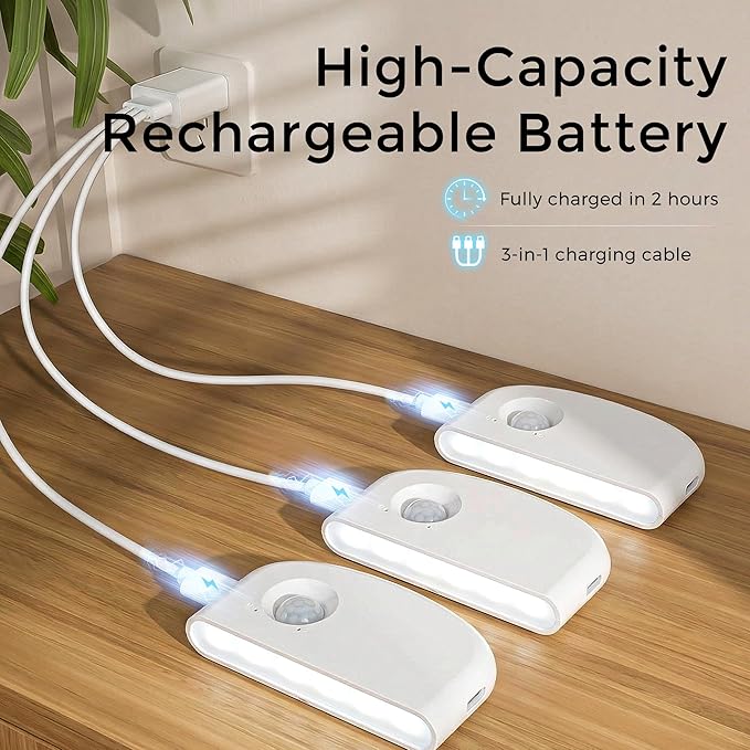 4 Pack Rechargeable Motion Sensor Stair Lights Indoor, Motion Activated Night Light Led Battery Powered Portable Automatic Wireless Stick On Lamp for Step Hallway Closet Under Cabinet