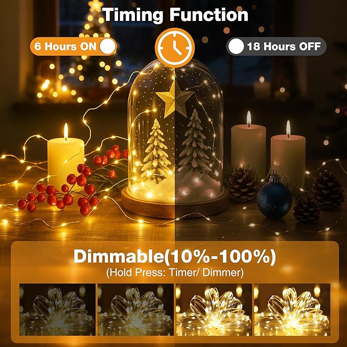 3 Pack 16FT 50 LED Fairy Lights Battery Operated with Timer, 8 Modes USB Mini Twinkle Light, Small String Lights for Christmas Tree Wreath Vase Bedroom DIY Wedding Decorations-Warm White