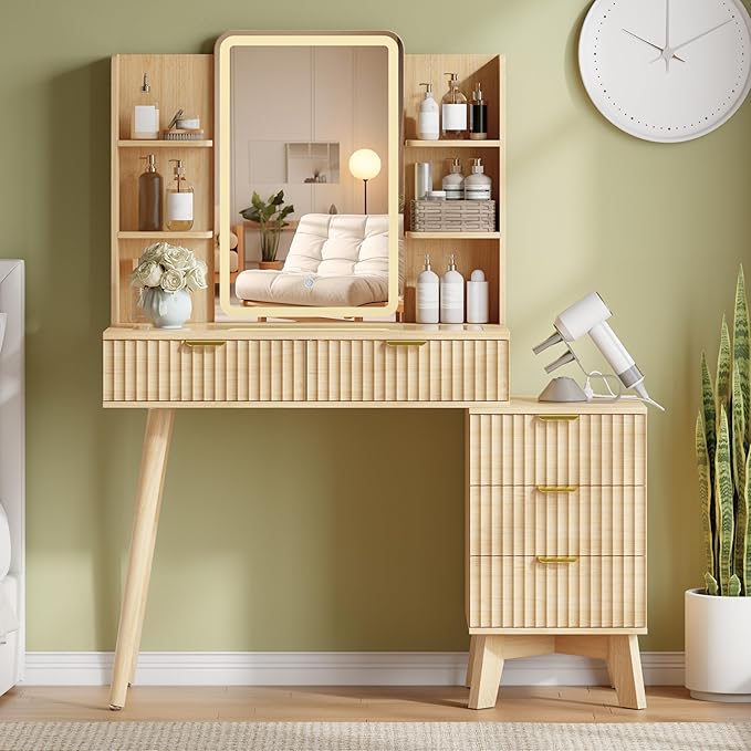 42'' Fluted Makeup Vanity Desk with LED Lights Mirror & Charging Station, Modern Glass Top Vanity Table with 5 Drawers & Open Shelves, Dressing Table for Bedroom, Living Room, Oak