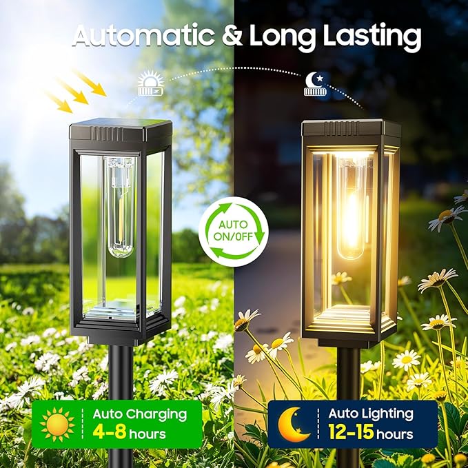 WdtPro Bright Solar Pathway Lights Outdoor, 4 Pack Solar Powered Garden Lights Waterproof, Auto On/Off Outdoor Lighting for Lawn Patio Walkway Driveway Path Yard Decor