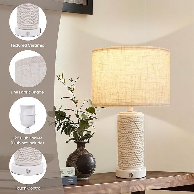 Touch Table Lamp Set of 2 for Home and Modern Farmhouse Decor - Ceramic Boho Bedside Lamps with USB Port - White Nightstand Light for Bedroom, Living Room, Side Tables and Small Night Stand
