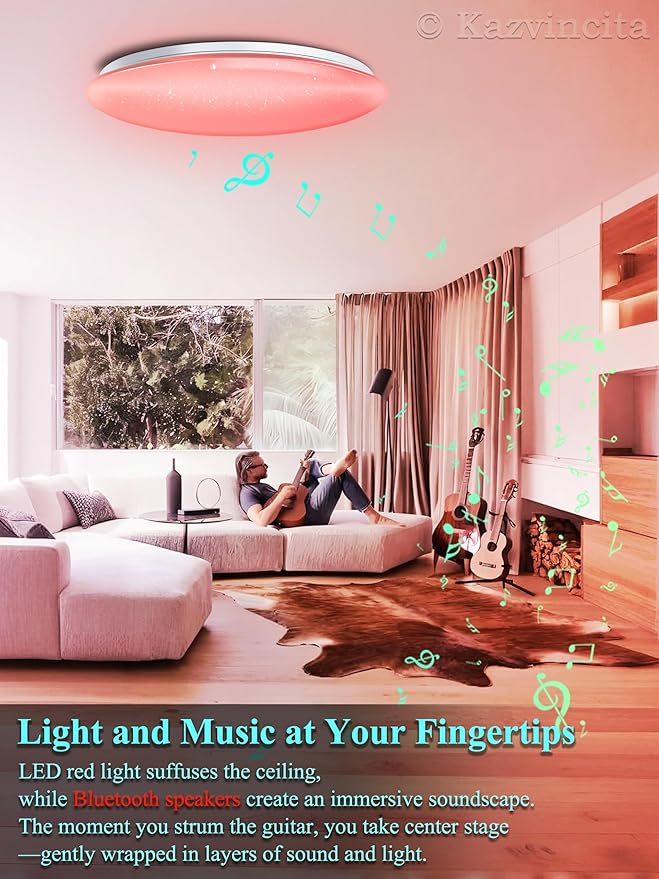 Dimmable Round LED Ceiling Light Flush Mount 16 Inch 50W Built-in Bluetooth Speaker Modern Lighting Fixtures RGB Ambient Ceiling Lamp Suitable for Bedrooms Kitchen Kids' Rooms and More