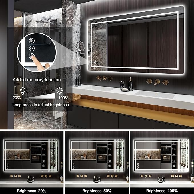 55x36 LED Bathroom Mirror with Lights, Anti Fog Vanity Mirror Wall Mounted, Dimmable Front Light and Backlight, Memory Function Tempered Glass, Shatter Proof ETL Listed