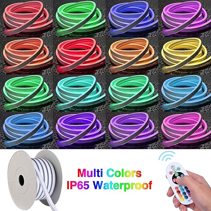 DELight AC 110-120V Waterproof IP65 RGB 50ft Neon Rope Lights with Remote Control & APP Music Sync Dimmable Cuttable Flexible LED Strip Lights Outdoor DIY Project DEL-D50R