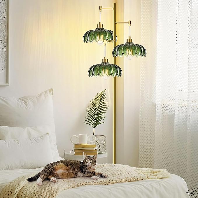 Glass Floor Lamp for Living Room,Bedroom,Mid Century Modern Standing Lamp Brass Tree 3 Light Tall Floor Lamps Vintage Retro Floor Lights Gold Green Flower Lamp Shade Farmhouse Boho Bohemian
