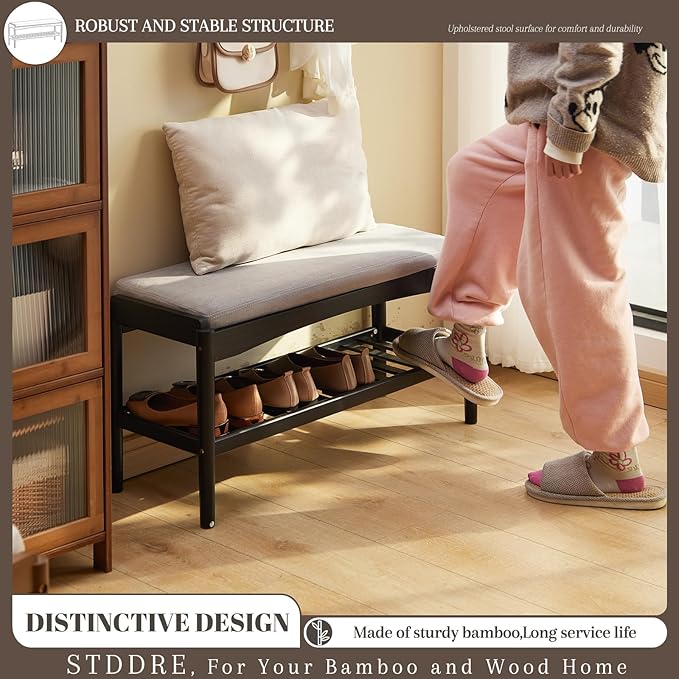 Shoe Bench Entryway Bamboo 2-Tier Shoe Rack with Cushion Padded Seat Shoe Bench Organizer Stable for Hallway, Living Room, Bedroom(31.5 * 11.4 * 16.5IN, Black-Gray)