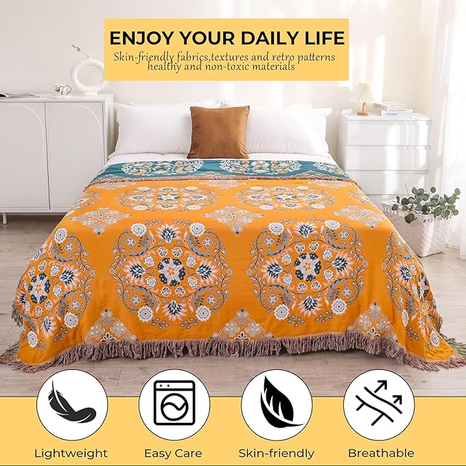 Boho Throw Blanket for Bed,100% Cotton Ultra Soft Lightweight Muslin 4-Layer Breathable Woven Throws 90''x 98'' Blanket Yellow Floral Farmhouse Decor Bed Blankets