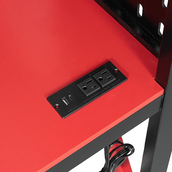 MERITLINE Ultimate Gaming & Study Loft Bed: Full Size Wood Frame with Integrated Desk, RGB Lights, Charging Station, Bookshelf & Pegboard (Black+Red)