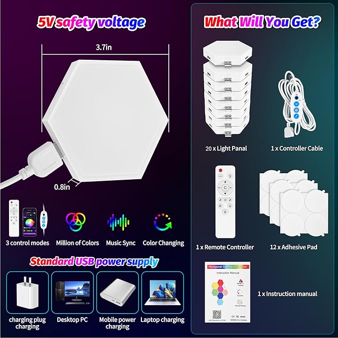 20 Pack DIY Hexagon LED Lights, Music Sync RGB Gaming Lights with APP Smart Wall Lights for Bedroom Living Room Decor