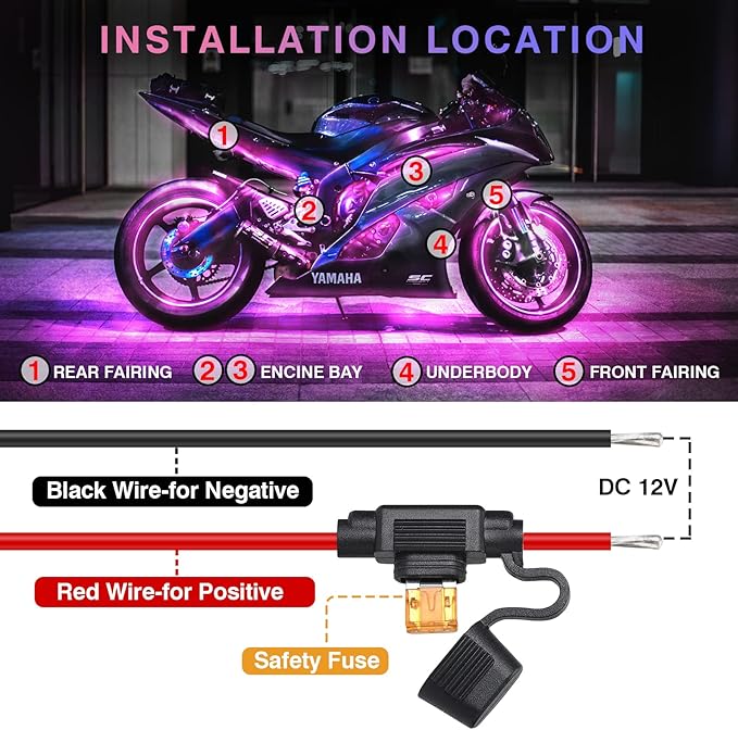 8Pcs Motorcycle RGB LED Strip Lights Kit for Harley Davidson Kawasaki Suzuki Yamaha Golf Cart, 12V Waterproof Multicolor Motorcycle Underglow Neon Light Strip with APP/Remote Control & Brake Signal